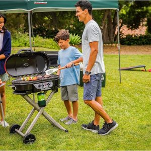 RoadTrip Portable Stand-Up Propane Grill with 3 Adjustable Burners  Instastart Ignition, 20,000 BTUs of Power for Outdoor Cooking(Red)