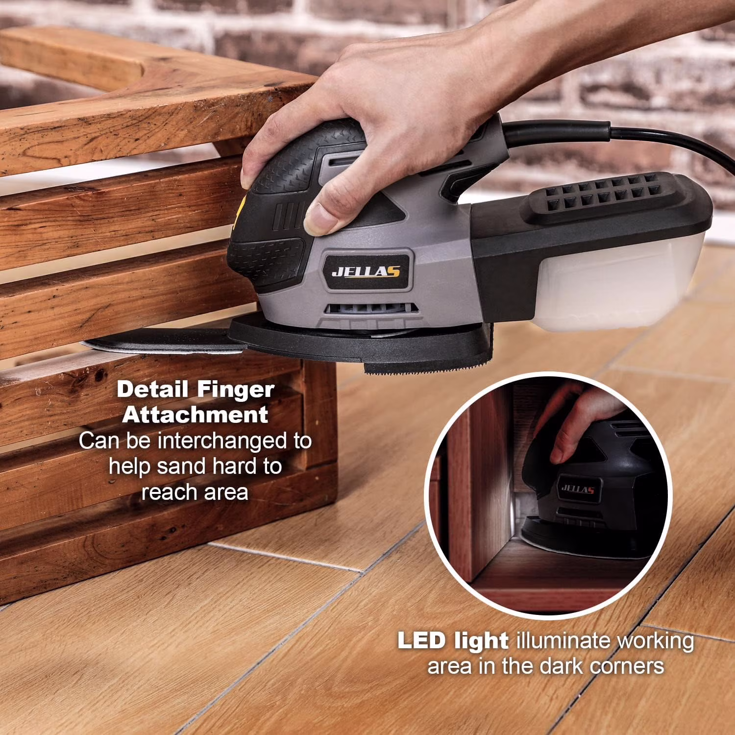 8cd1c4bfa25199bc97757cd12c9f8302d9c6f41fe519f9287eb8cd4ba1cc6b5b JELLAS Electric Detail Sander, 220W Compact Sander Machine for Wood, 13,000 RPM Sanders with Dust Collection, 16PCS Sandpapers, Finger Sanding Attachment and Sanding Pad Included