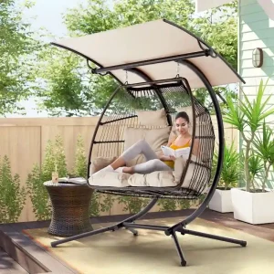 Outdoor Swing Loveseat with Stand, Foldable Hanging Chair, Hammock Cushion, and Awning, Double Egg Chair - Beige(Beige)