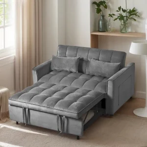 Modern Velvet Loveseat Futon Sofa Couch Pullout Bed, Small Love Seat Lounge Sofa w/Reclining Backrest, Toss Pillows, Pockets(Dark Gray)