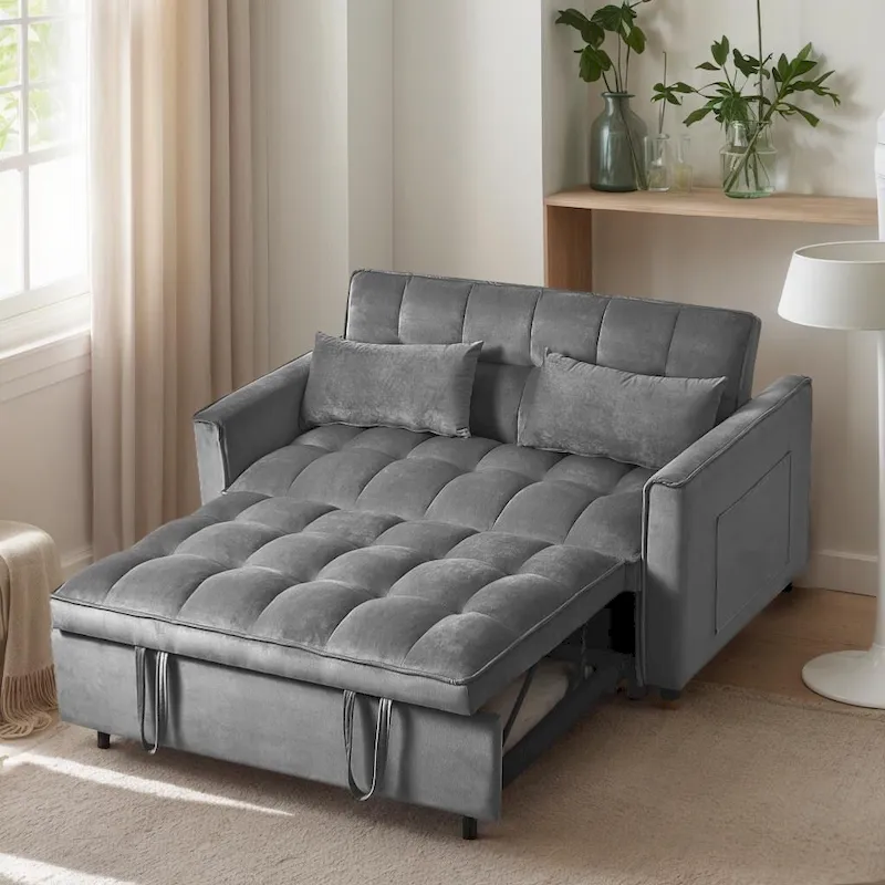 8d7ccc8e100d5367f6f568d28889b4cc68944b43a5f459465f66df48a8642752 Modern Velvet Loveseat Futon Sofa Couch Pullout Bed, Small Love Seat Lounge Sofa w/Reclining Backrest, Toss Pillows, Pockets(Dark Gray)