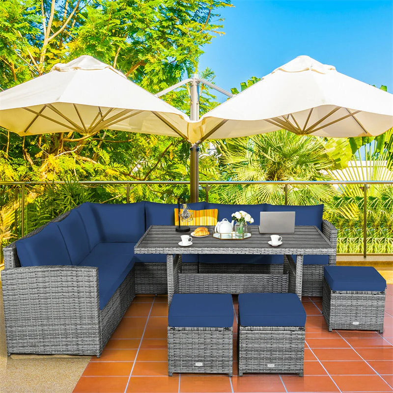8d8d3c101af53dfcb402f25b42de462dd2a8e873773f866b926b4f245655d49e 7 Pcs Rattan Patio Dining Furniture Sectional Sofa Set with Dining Table, Ottomans Cushions(White)