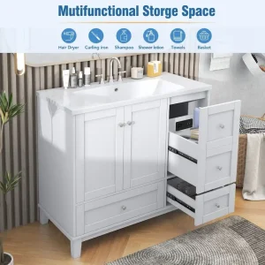 36 Inch Bathroom Vanity with USB Charging, Resin Sink, Solid Wood Frame, 3 Drawers Storage(Grey)