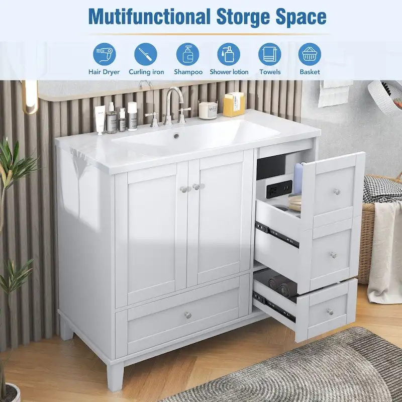 8da6406835497498cb16cc107d87ca6a7c3929601604f5c1d71cbec41a5c9605 36 Inch Bathroom Vanity with USB Charging, Resin Sink, Solid Wood Frame, 3 Drawers Storage(Grey)