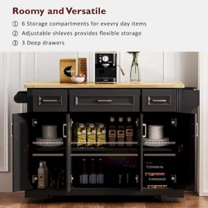 54 Large Kitchen Island with Rubber Wood Drop Leaf, Embossed Texture Rolling Kitchen Cart on 4 Wheels with 4 Doors 3 Drawers(Grey+blue)