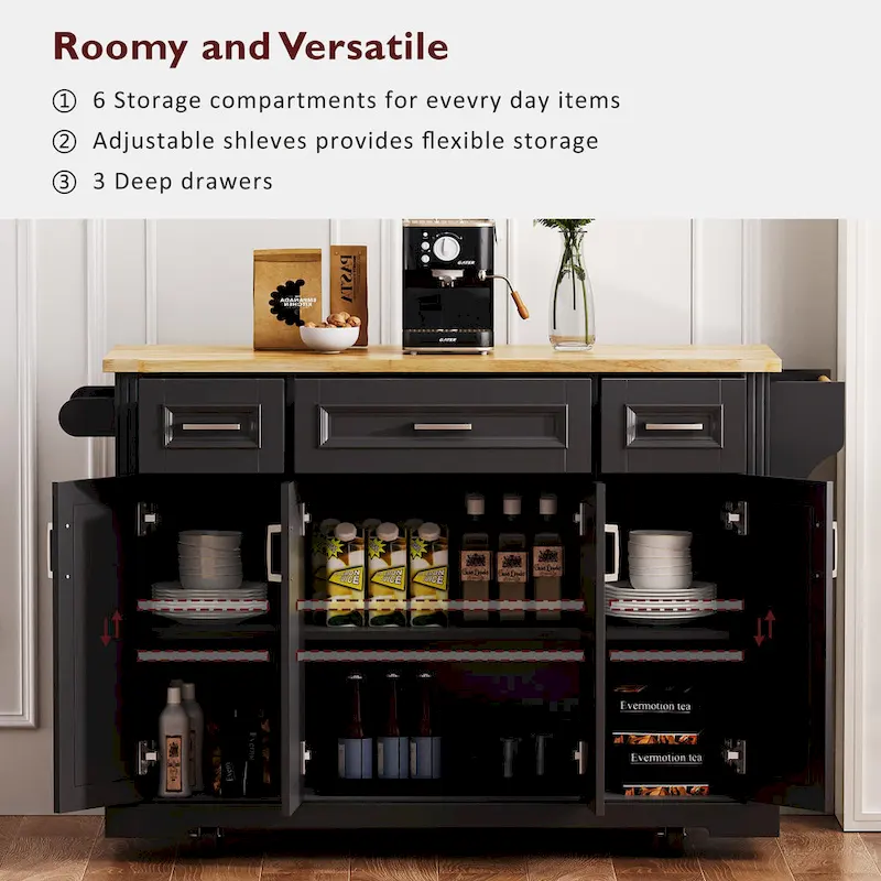 8dfcc06b795af5a98141ff44a13edc9e8d4a06ef0cebd7ee80059889a8dd8b49 54 Large Kitchen Island with Rubber Wood Drop Leaf, Embossed Texture Rolling Kitchen Cart on 4 Wheels with 4 Doors 3 Drawers(Grey+blue)