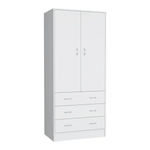 19 Modern Double-door Armoire with 3 Drawers and 1 Hanging Rod for Bedroom(White)