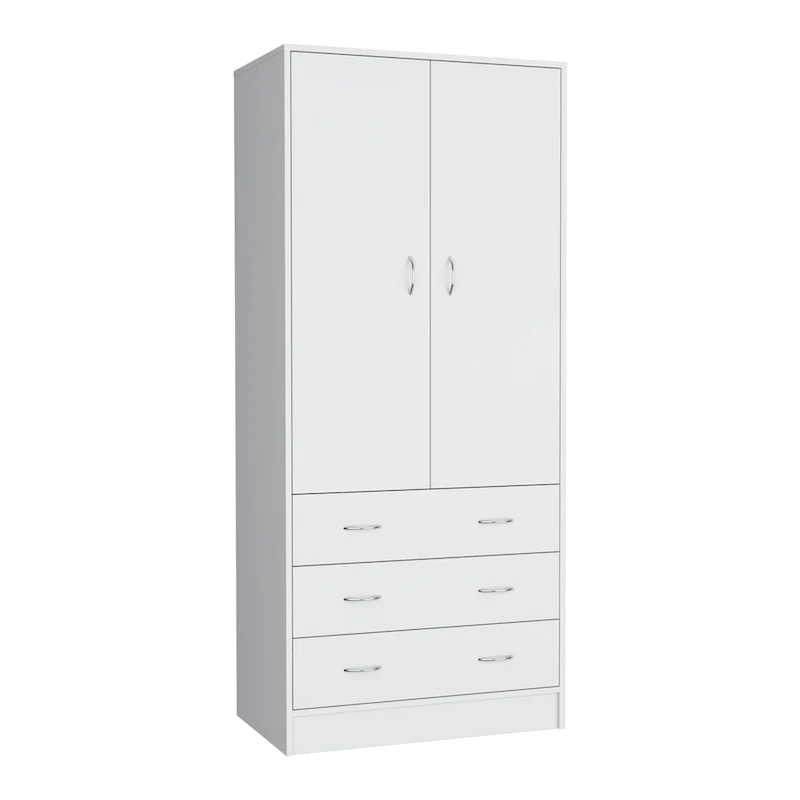 8f21ae13f36a1ec92c621abe2a9a7afcef158244636d7e734f37e3a90fba49f5 19 Modern Double-door Armoire with 3 Drawers and 1 Hanging Rod for Bedroom(White)