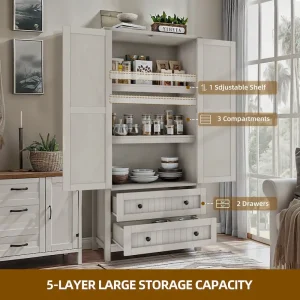 64 Farmhouse Tall Kitchen Pantry Storage Cabinet with 2 Drawers  Doors(White)