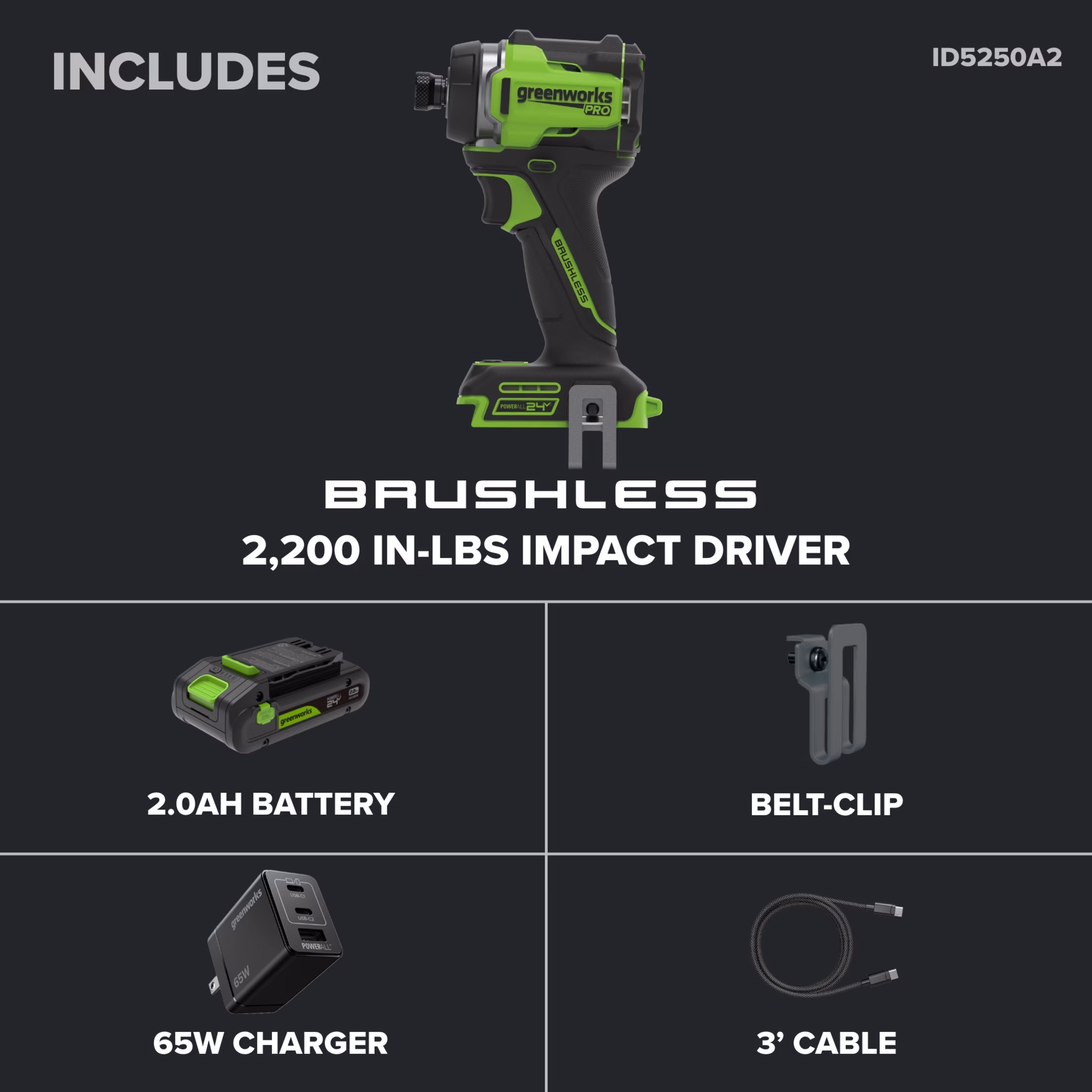 8fcb5a0c43e2973618302a14808d2700b5bb8ffd93a3470dd26feb43f581d999 Greenworks Pro PowerAll 24V Brushless 2200 In-lb Impact Driver, 2Ah USB-C Battery, 65W Charger and Cable, ID5250A2