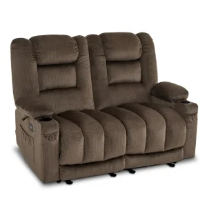 MCombo Power Reclining Loveseat Sofa with Heat and Massage, Fabric PR648(Brown)