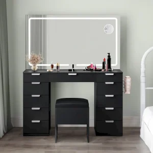 Moasis 46 Vanity With Built-in Socket With Illuminated Mirror and Hair Dryer Rack - 55.8 H X 46 W X 11.7 D(Black)