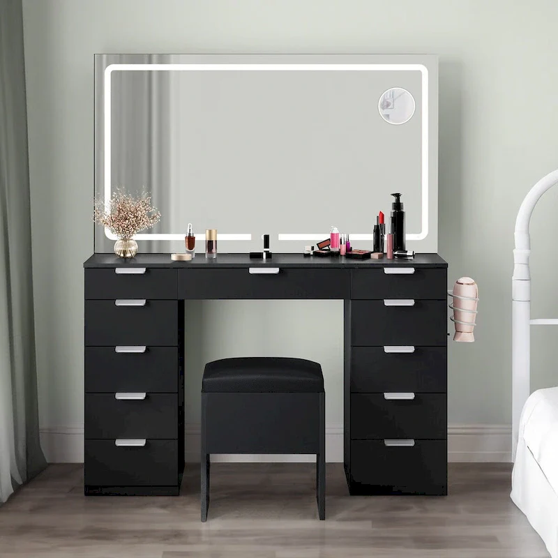 902a816f9b531724ac503c3680847c94e4831490e701b519b40dd825817fdea0 Moasis 46 Vanity With Built-in Socket With Illuminated Mirror and Hair Dryer Rack - 55.8 H X 46 W X 11.7 D(Black)