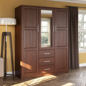Palace Imports 100% Solid Wood Cosmo 3-Door Wardrobe Armoire with Solid Wood or Mirrored Doors(Mocha)