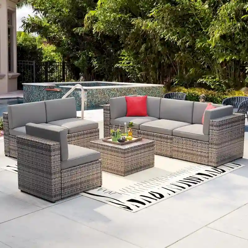 9116589737fe5d9f233a13d72c86d801aae816b9bd5b2ee9b56534eb27dbffbe 7 Pieces Outdoor Patio Furniture Sets Wicker Sectional Sofa PE Rattan Conversation Sets with Cushions(Grey)