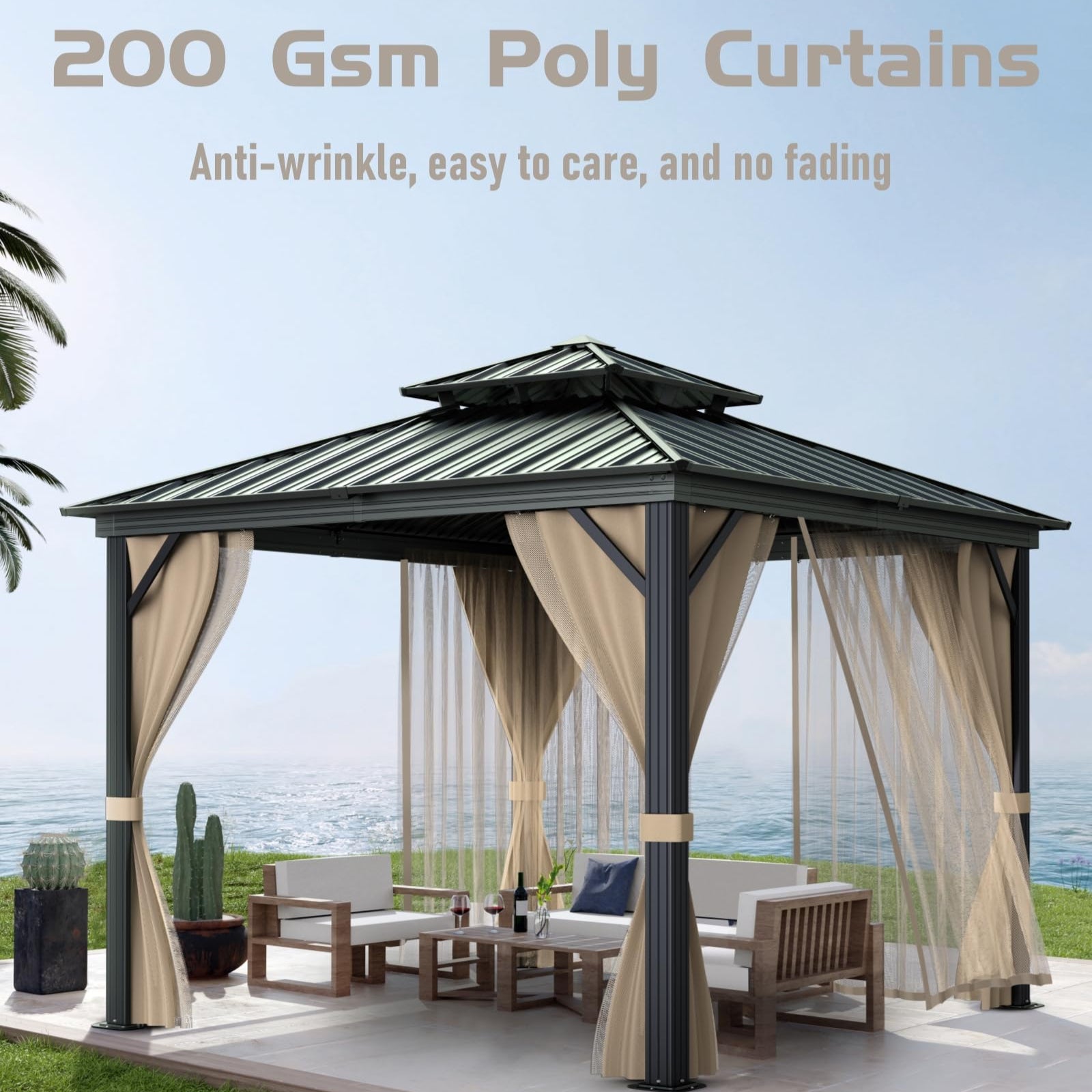 9176a93c2e6e42be37f8551ab103fc2db08318bf7053187ab10e65f506a4e58c 2025 10x10 Hardtop Gazebo with double metal roof, aluminum frame, net, and curtain. All-weather, ideal for patio, deck, garden, backyard. Khaki.(Khaki/10x10FT)