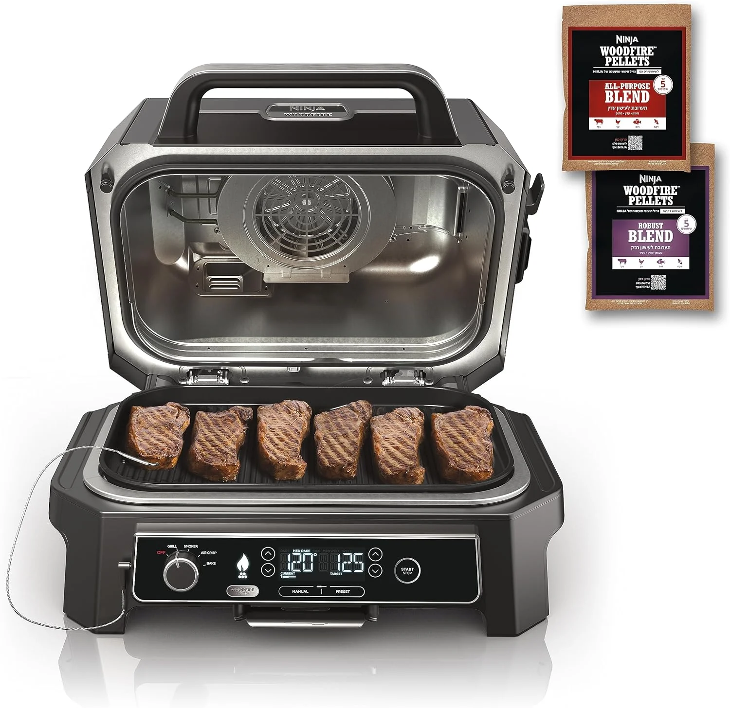 91b5eebb0888ca6107f2f1834692efbedfc3ce7d02b4ad94954427a97bd358bc 7-in-1 Grill Smoker with Thermometer, Air Fryer, BBQ, Bake, Roast, Broil - Portable Electric Outdoor Grill, Grey(XL Grill + Thermometer)