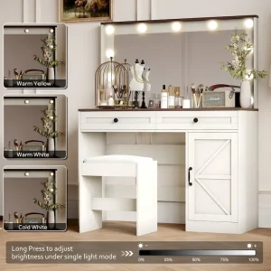 Roomfitters Farmhouse Makeup Vanity with Lights, Vanity Desk with Barn Door, 2 Drawers Makeup Table with Lighted Mirror(Black)