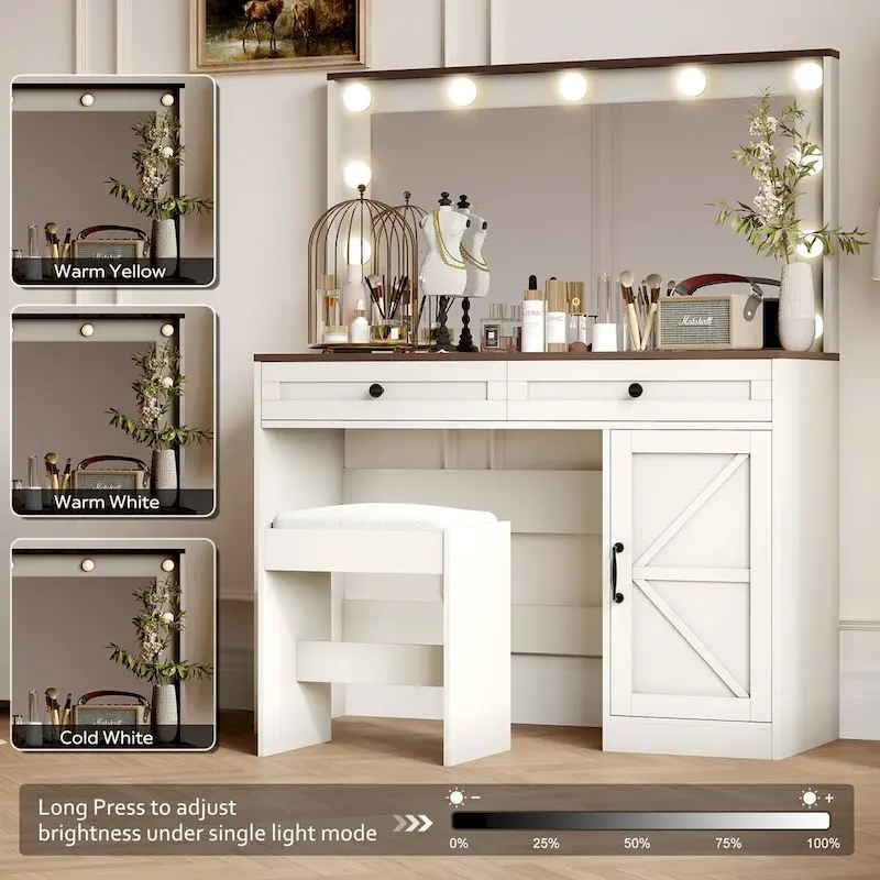 91c80f9bb9a1c47347a184ef11688c2ff775ee0659689fde479345f4f82ba763 Roomfitters Farmhouse Makeup Vanity with Lights, Vanity Desk with Barn Door, 2 Drawers Makeup Table with Lighted Mirror(Black)