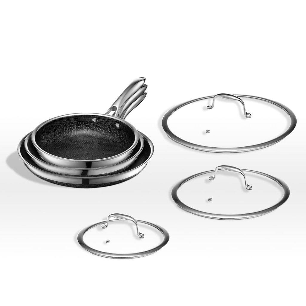 9212d1349b8657167de14ede65d4a4d16e6b90f898e47715aaabdc91ef8f0ff1 HexClad 6-Piece Hybrid Nonstick Fry Pan Set with Lids, Stainless Steel, 8/10/12-Inch, Oven Dishwasher Safe