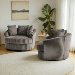 2 Set Oversized 43 W Plush Corduroy Swivel Barrel Chair with Pillows(Dark Camel)