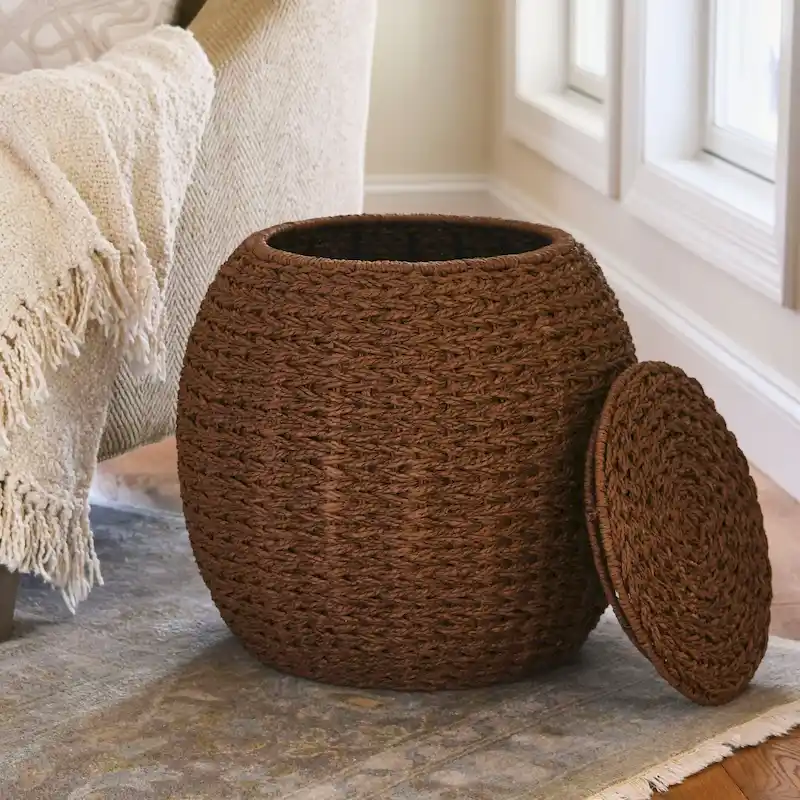 934e9fb45d5b9d42f561d456a156b763bed7940561ec391b844f1e9e1928141a Household Essentials Handwoven Barrel Wicker Storage Basket Side Table - 17.0L x 17.0W x 19.0H(Natural)