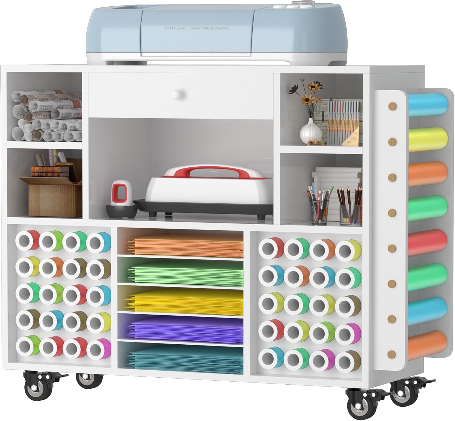 936916e9e18ee044c4d08ebf5f36f01a4981646c9ffbf57ef2aad67d832cbfbc 2025 Craft organization and storage Cart Compatible with Cricut Machine, Rolling Craft Organizer With large drawer 48 Vinyl Roll Holder, Crafting Cabinet Table Workstation for Craft Room Home