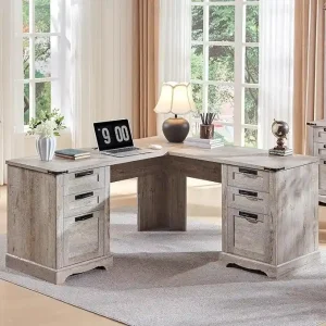 60 Farmhouse L Shaped Executive Desk, Wood Corner Desk, Computer Desk(Light Rustic Oak)