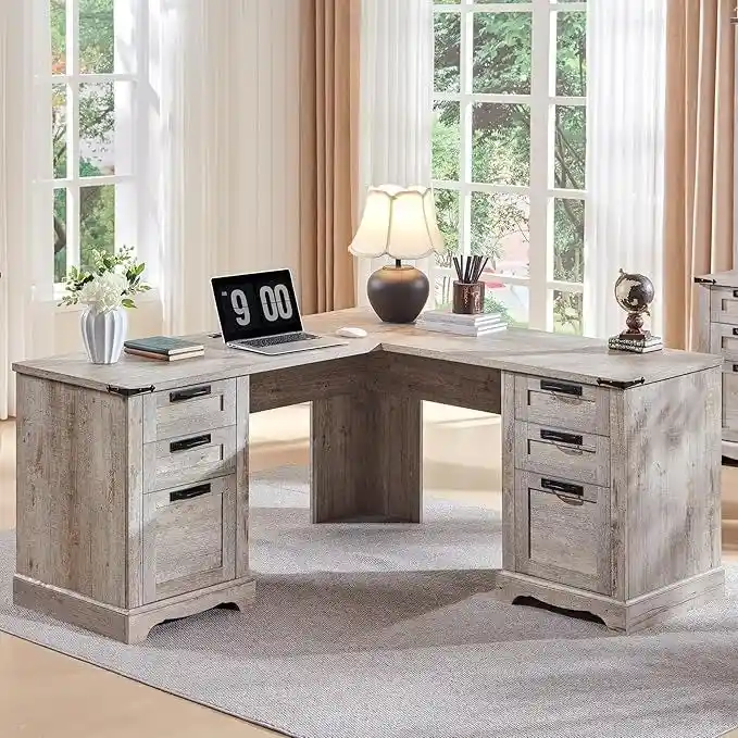 945147550b8efc76bd14751018bf73e18245e20fa69247d9248c22ba137c7685 60 Farmhouse L Shaped Executive Desk, Wood Corner Desk, Computer Desk(Light Rustic Oak)