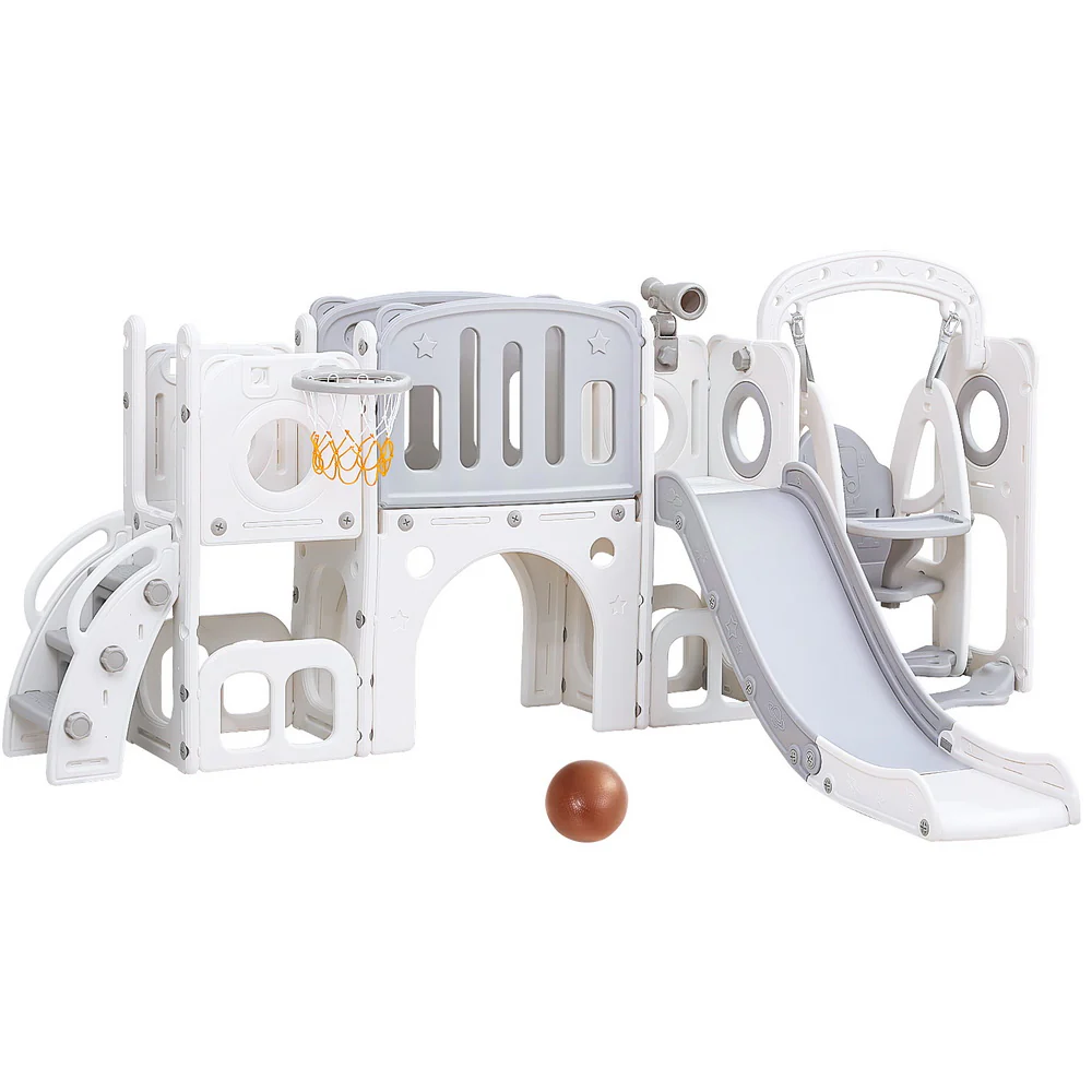 94b34b9a0d92164c7407c0becafc4fcb8d4295422104a11c3aece5751c333160 Keezi Kids Slide Swing Set Basketball Hoop Ring Football Outdoor Toys 132cm grey