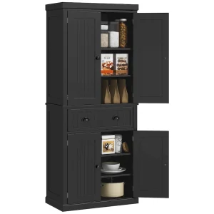 72 Kitchen Pantry Storage Cabinet, Traditional Freestanding Cabinet with 4 Doors and 3 Adjustable Shelves, Large Central Drawer(Black)