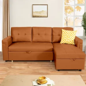 Reversible Sectional Sofa with Pull-Out Sleeper Bed, Hidden Storage Chaise, Durable Legs,(Black,Air Leather)