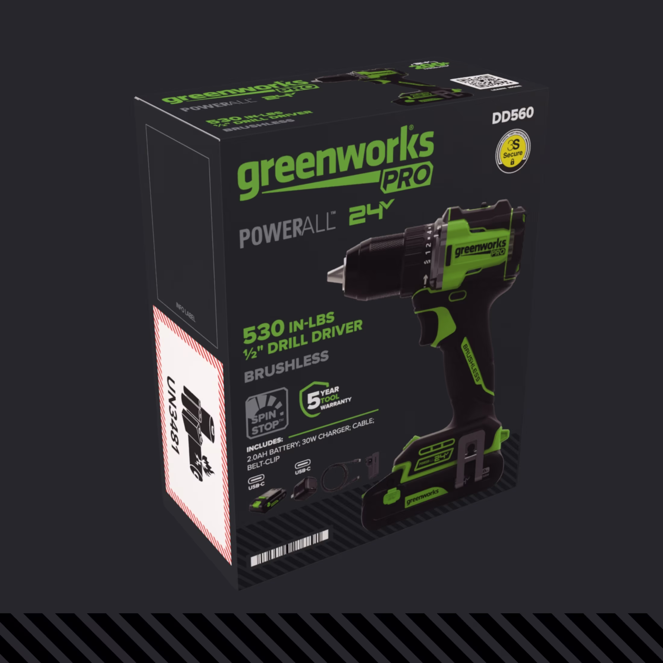9596c355d443f766307736e284502494142b5a107623fb790b03749df8a2b388 Greenworks Pro PowerAll 24V Brushless 1/2" 530 in-lb Drill Driver, with 2.0 Ah USB-C Battery, 30W USB-C Charger Block, 3' 100W USB-C Cable, DD560A1