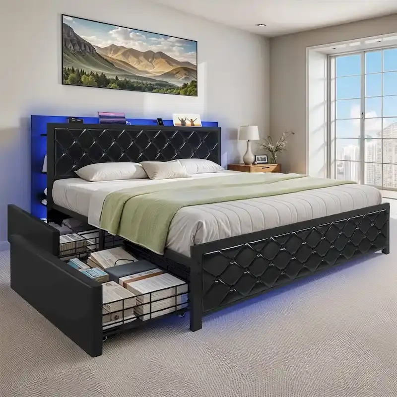95970c71067ea70a16dc2f3c413cf8a9c762cb78793b4334c36928a2da9f48b0 Moasis Queen Size PU Bed Frame LED Upholstered Platform Bed Frame(QUEEN)