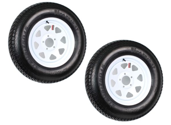 9657c405397c38710767d3e5f412c74170de7819e6c250db5a6a456cc0439ffb 2-Pack Trailer Tire On Rim ST205/75D15 205/75 D 15 in. LRC 5 Hole White Spoke