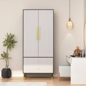 Wardrobe Closet Armoire with 2 Doors Wooden Clothes Storage Cabinet(Grey)