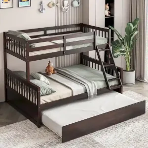 Gymax Twin Over Full Bunk Bed with Twin Trundle Convertible Platform(Brown)