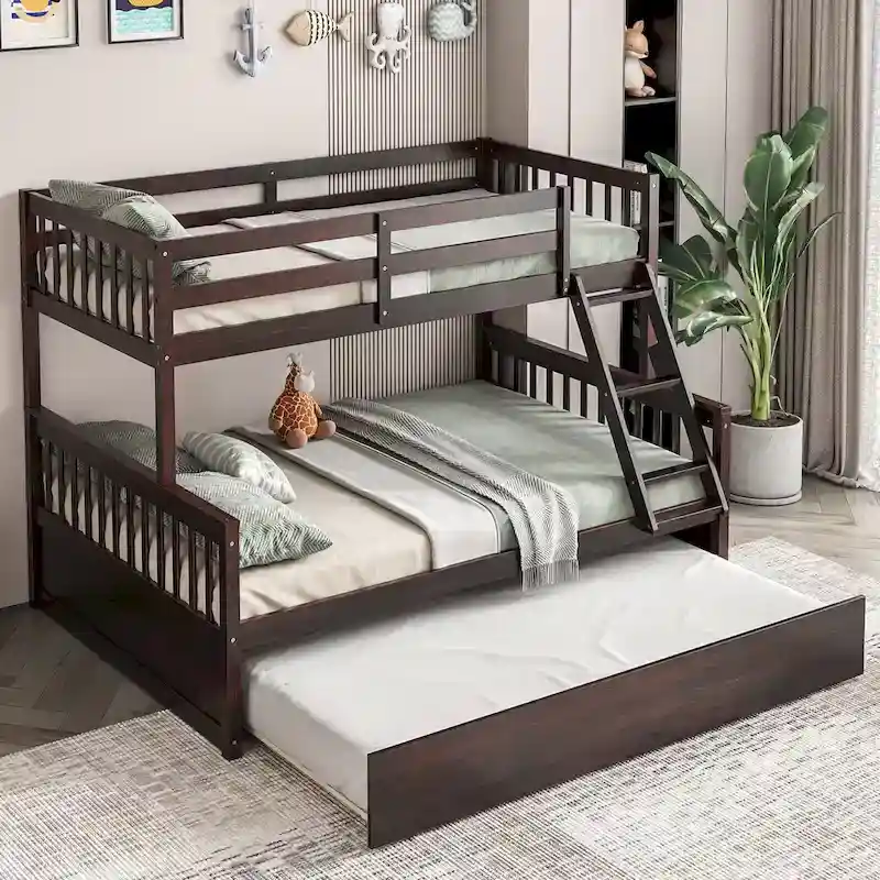 97bddb38aabfc0b9569d6efab0b87beb820d1d512d299f152cdbaefd8f5ce85e Gymax Twin Over Full Bunk Bed with Twin Trundle Convertible Platform(Brown)