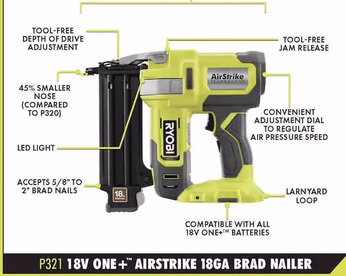 Ryobi ‎P320, 18V, Brad Nailers Nail Gun