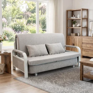 Convertible Sofa Bed with Pillows, Side Pockects and Storage Compartment, Carbon Steel and Linen Cotton(Grey/108cm)