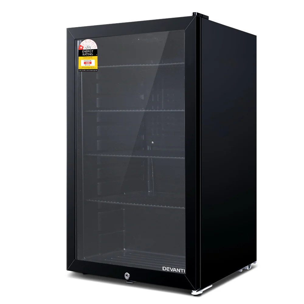 988105a969f61f7fc03e2876ae71c6dfbe075c7e8aad4f69e8ef1e67afed4c8a Devanti 98L Bar Fridge Glass Door Mini Fridges Freezer Black