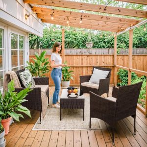 Homall 4 Pieces Outdoor Patio Furniture Sets Rattan Chair Wicker Set, Outdoor Indoor Use Backyard Porch Garden Poolside Balcony Furniture Sets Clearance (Brown and Beige)(Blue)