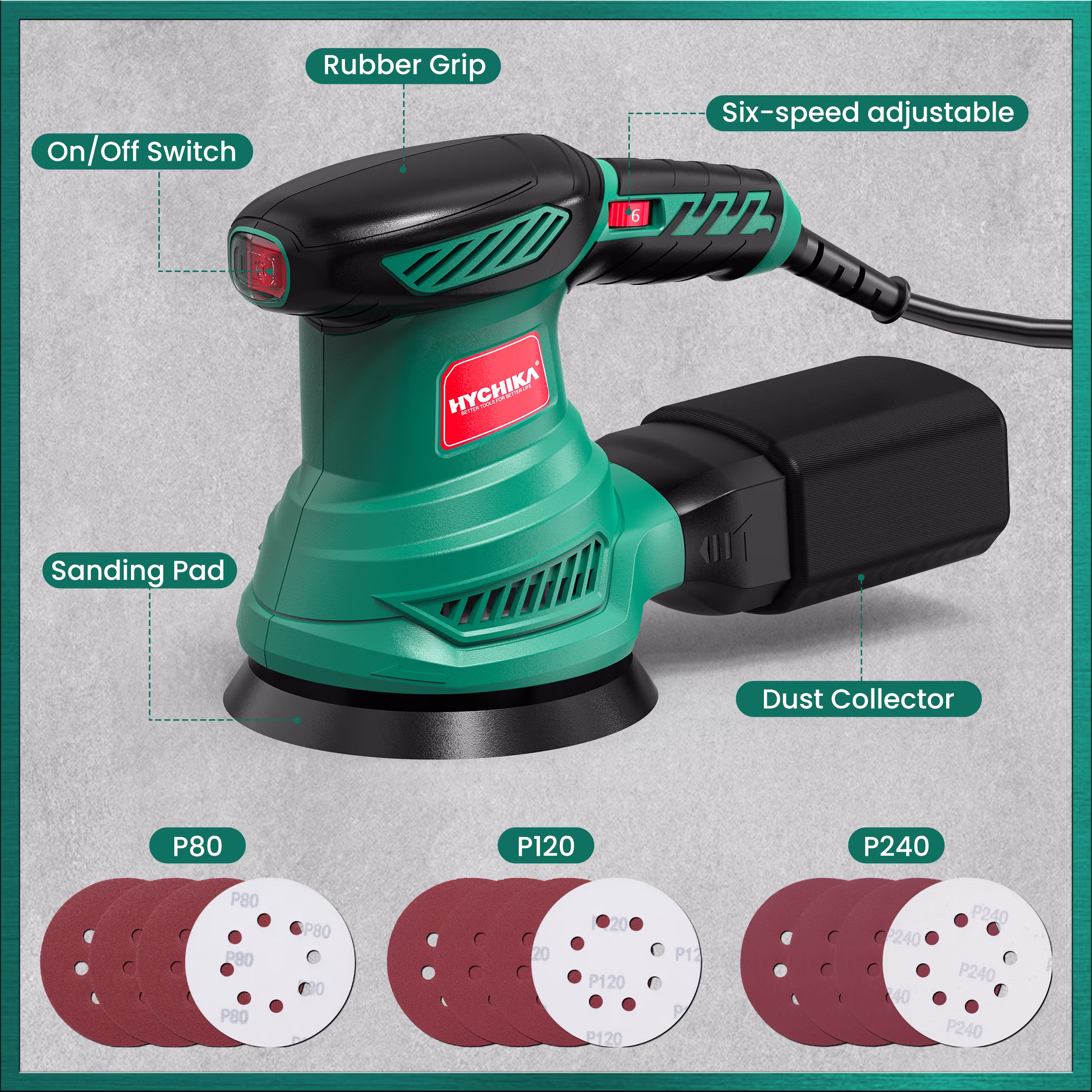 99f8ac0212b81790a7dc7c5576297e6282bd289743d92c143944b854af36297c HYCHIKA 5-inch Random Orbital Sander, 13000 RPM 6-Speed with 12 Sandpapers & High Performance Dust Collection System for Wood Finishing and Polishing