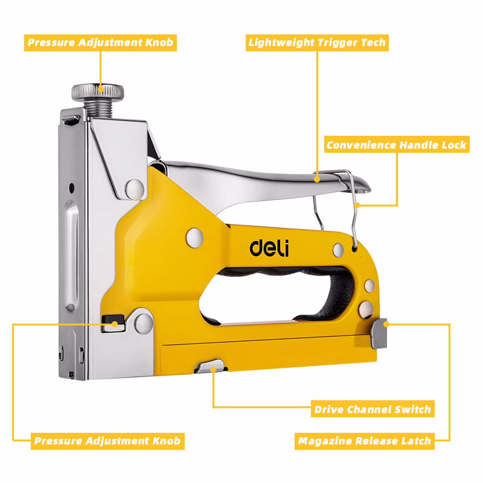 9a8b1553eae77f0e3f56722aaffb3a0467b2d451e632e2c6e929d07f3d01e5de Deli Staple Gun, Heavy Duty Staple Gun, 3 in 1 Manual Nail Gun with 6000 Staples(D, U and T-Type), for Upholstery, Material Repair, Carpentry, Decoration, Furniture, DIY