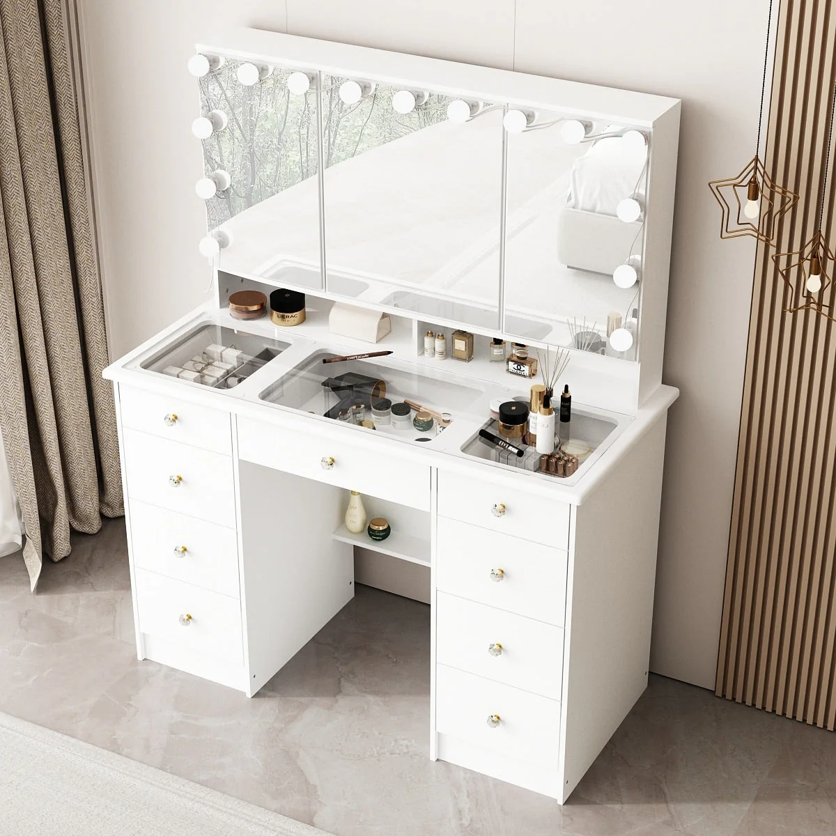 9b469aa7bbcbb0f8804c6ff15436f1ac993e2facd93a986288c95dbde05f978c Makeup Vanity w/Tri-Fold Mirror Certified Lighting Glass Top Dresser(White)