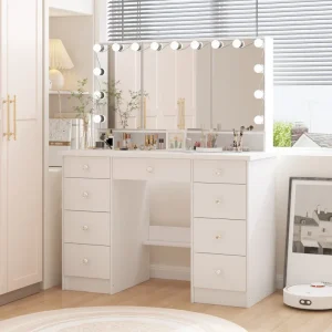 Luxurious LED Makeup Vanity with 9 Drawers Elegant Makeup Station(White)