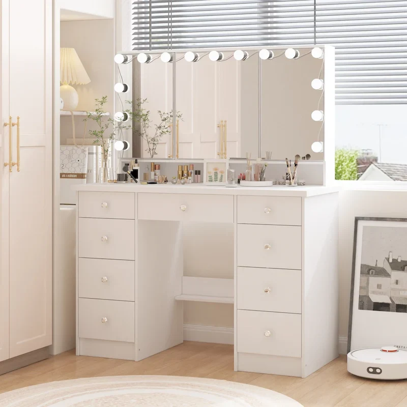 9b6cd96e526ccfee638ec3628bfdaaa5a0f05c27ce34ba80f46dba946fd09f68 Luxurious LED Makeup Vanity with 9 Drawers Elegant Makeup Station(White)