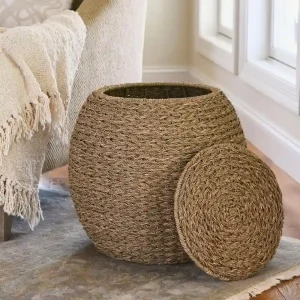 Household Essentials Handwoven Barrel Wicker Storage Basket Side Table - 17.0L x 17.0W x 19.0H(Natural)