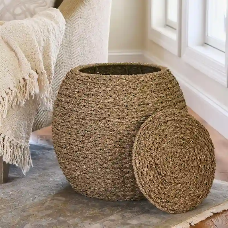 9c63ff91e5f3b205df0d6e4a58ada5ed20b7407c9b95ddcc8720f1b0fcf29eb2 Household Essentials Handwoven Barrel Wicker Storage Basket Side Table - 17.0L x 17.0W x 19.0H(Natural)