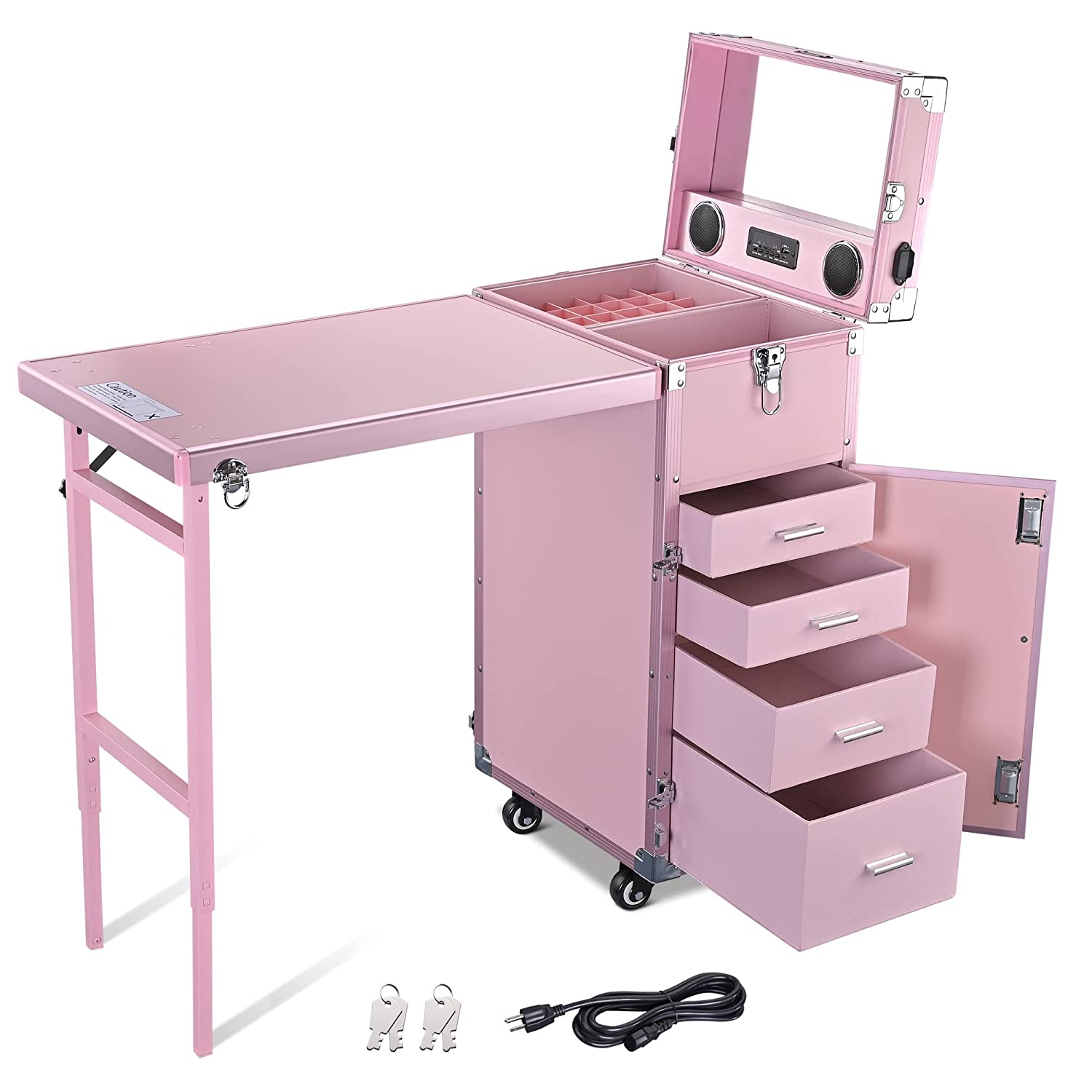 9c675322322287bfbf033637018a98a3883bb4d84a3adc9de4d86207fcff4416 BYOOTIQUE Nail Desk Mobile Station Rolling Makeup Train Case Trolley Cosmetic Manicure Table Mirror 4 Drawers Pink